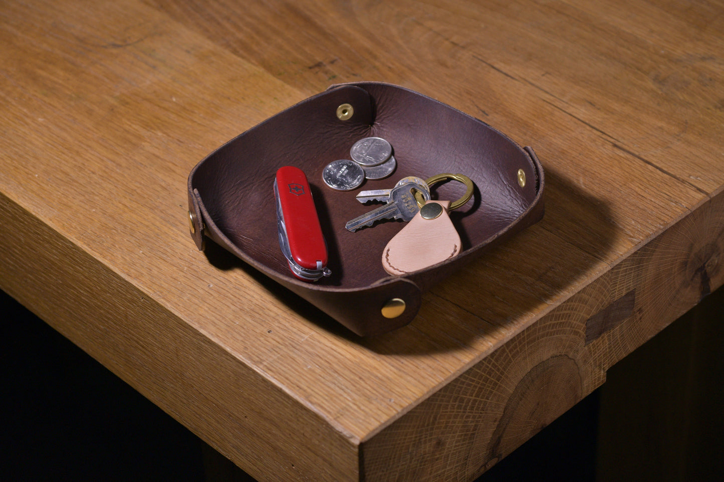 Folding Catchall with brass snaps, brown veg tan leather, hand made (folded, full, angle shot)
