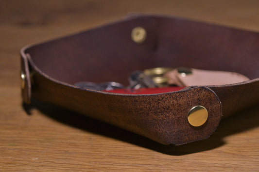 Folding Catchall with brass snaps, brown veg tan leather, hand made (folded, full, angle shot close up)