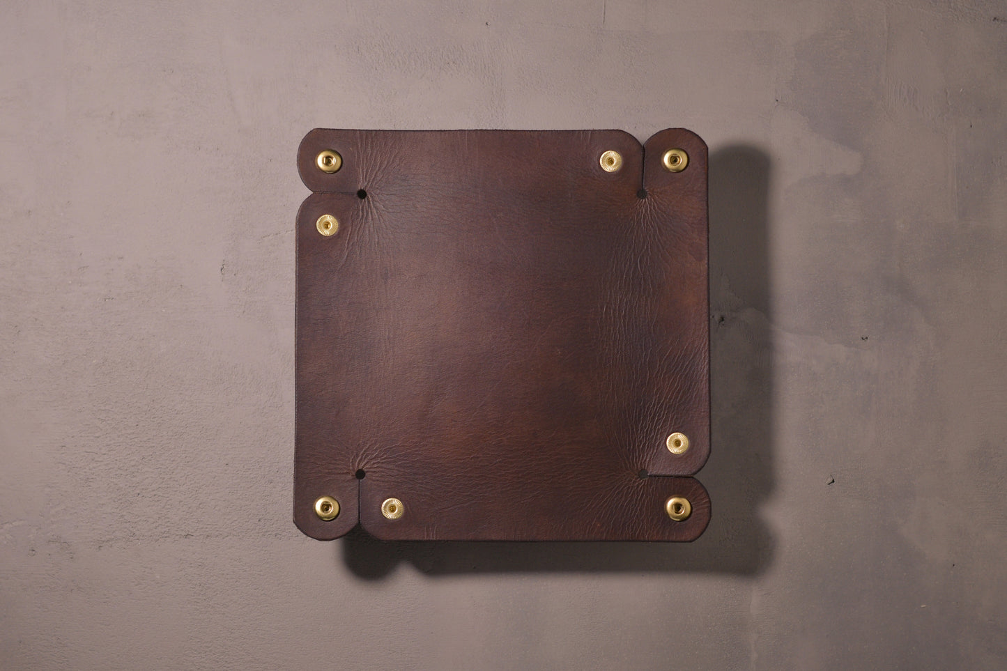Folding Catchall with brass snaps, brown veg tan leather, hand made (unfolded/flat)