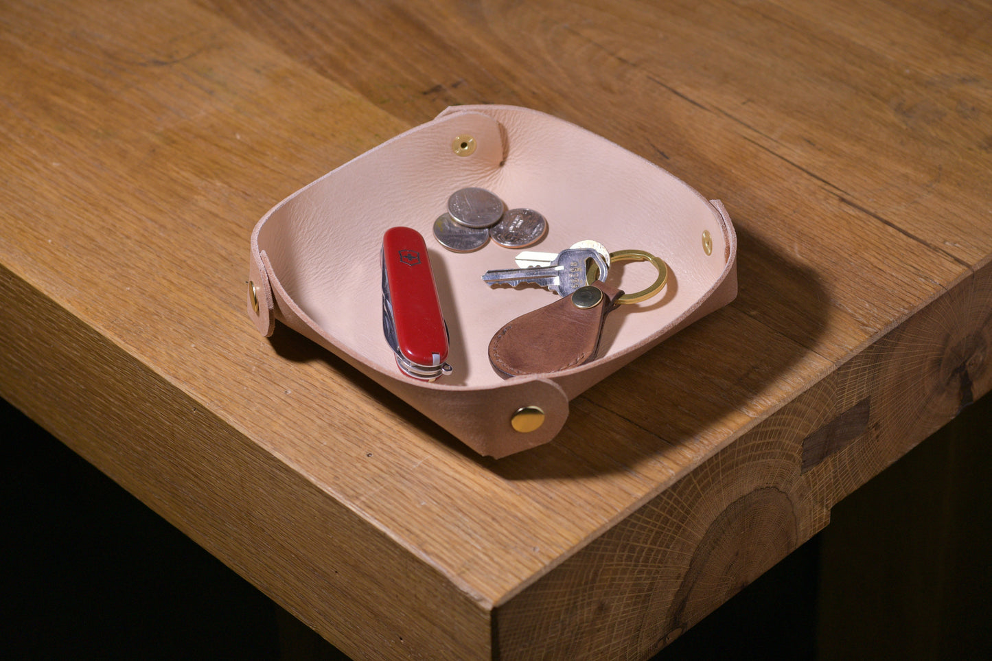 Folding Catchall with brass snaps, natural veg tan leather, hand made (folded, full, angle shot)