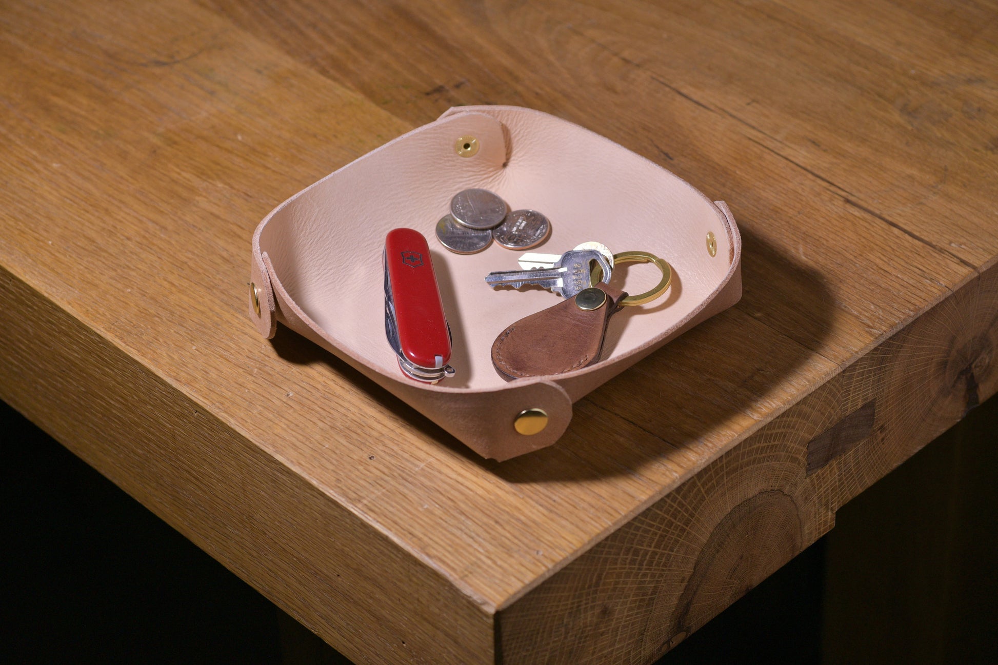Folding Catchall with brass snaps, natural veg tan leather, hand made (folded, full, angle shot)