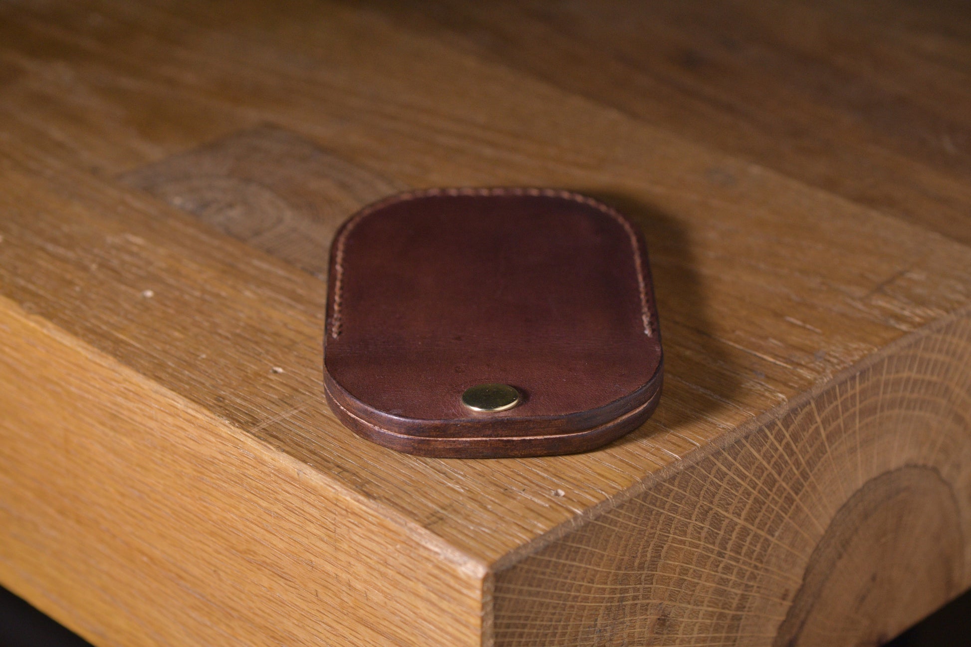 Minimal single pocket card wallet with brass snap closure and pop open mechanism, brown veg tan leather, hand made (45 empty)