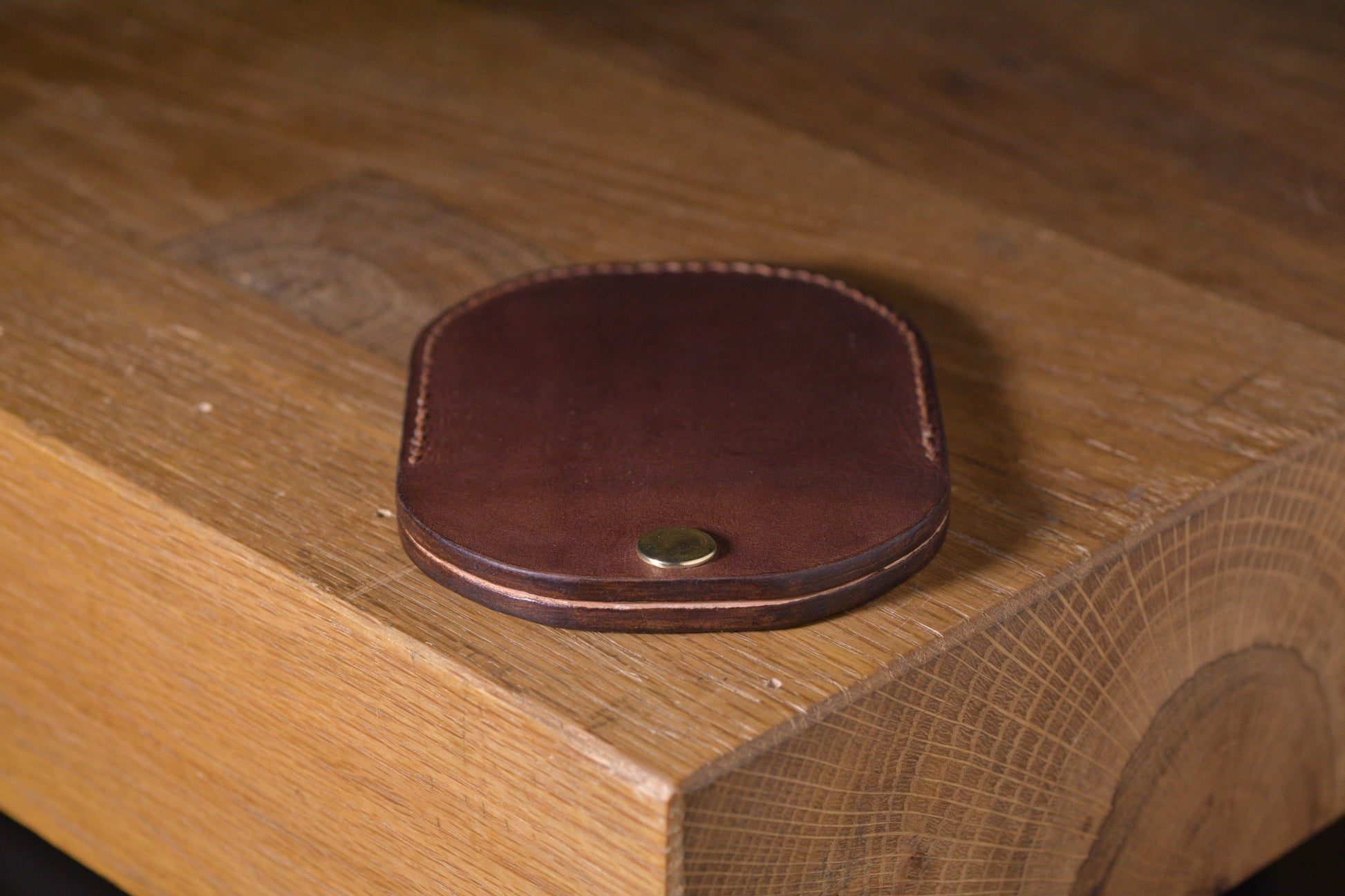 Minimal single pocket cash wallet with brass snap closure and pop open mechanism, brown veg tan leather, hand made (45 empty)