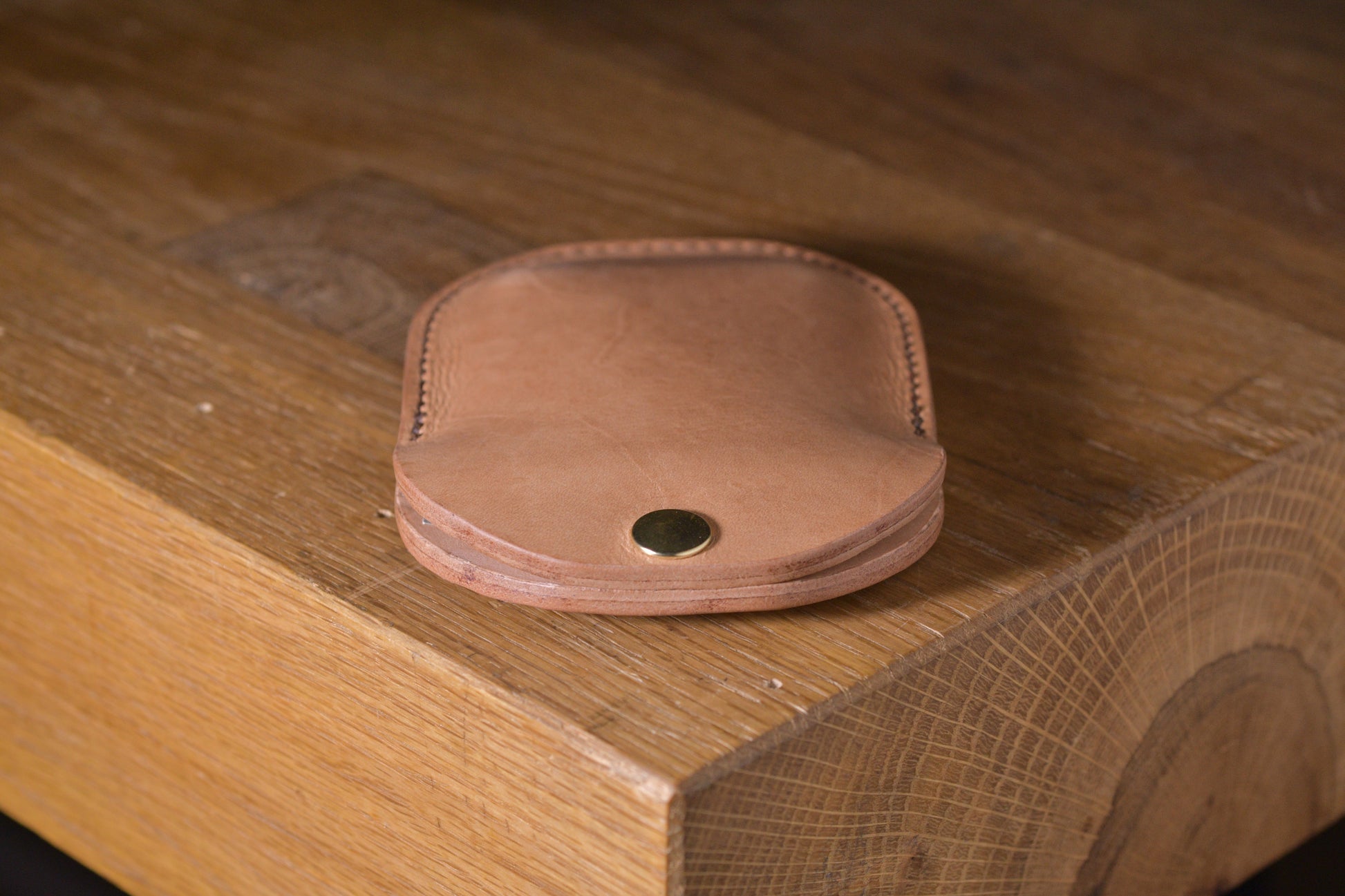 Minimal single pocket cash wallet with brass snap closure and pop open mechanism, natural veg tan leather, hand made (45 full)