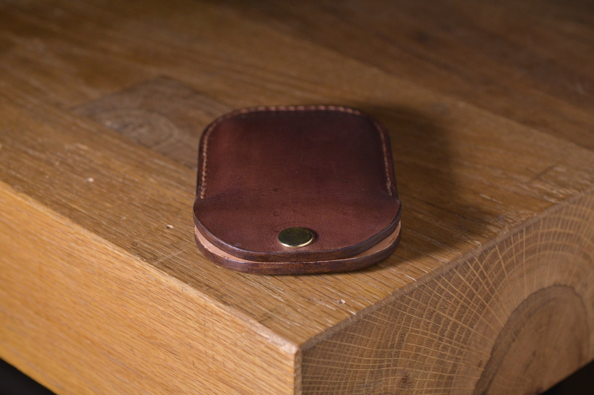Minimal single pocket card wallet with brass snap closure and pop open mechanism, brown veg tan leather, hand made (45 full)