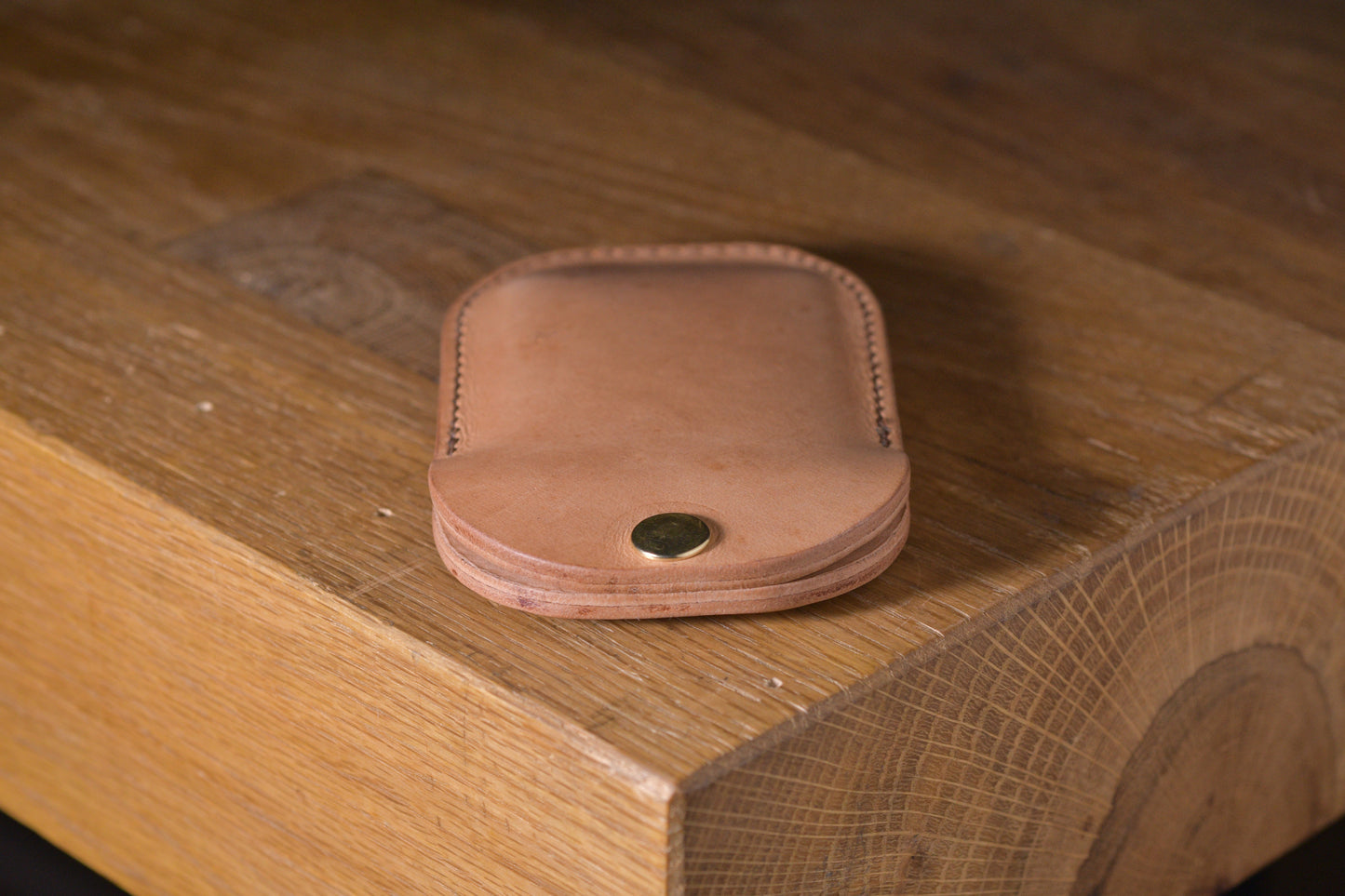 Minimal single pocket card wallet with brass snap closure & pop open mechanism, natural veg tan leather, hand made (45 full)