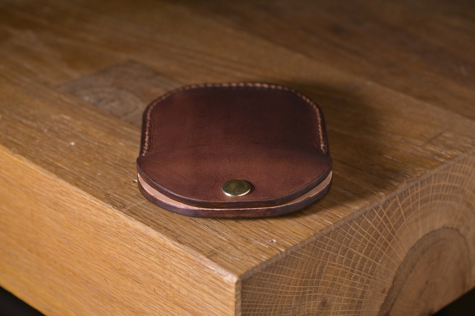 Minimal single pocket cash wallet with brass snap closure and pop open mechanism, brown veg tan leather, hand made (45 full)