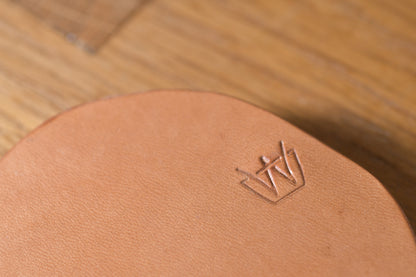 Minimal single pocket cash wallet with brass snap closure and pop open mechanism, natural veg tan leather, hand made (logo)
