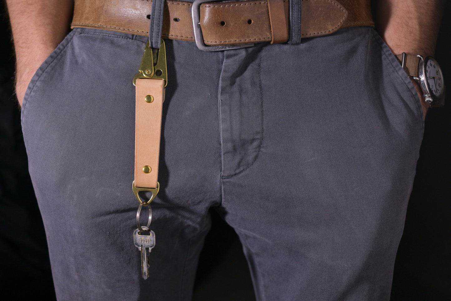 Keychain with carabiner style clip and brass hardware, natural veg tan leather, hand made (attached to belt loop with keys)