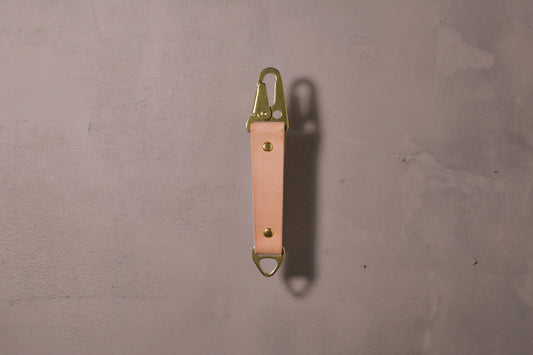 Keychain with carabiner style clip and brass hardware, natural veg tan leather, hand made