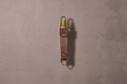 Keychain with carabiner style clip and brass hardware, brown veg tan leather, hand made (back side)